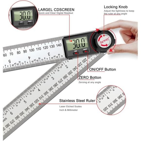 2 in 1 Digital Protractor, 7Inch / 200mm Stainless Steel Digital Angle Ruler - Picture 3 of 6